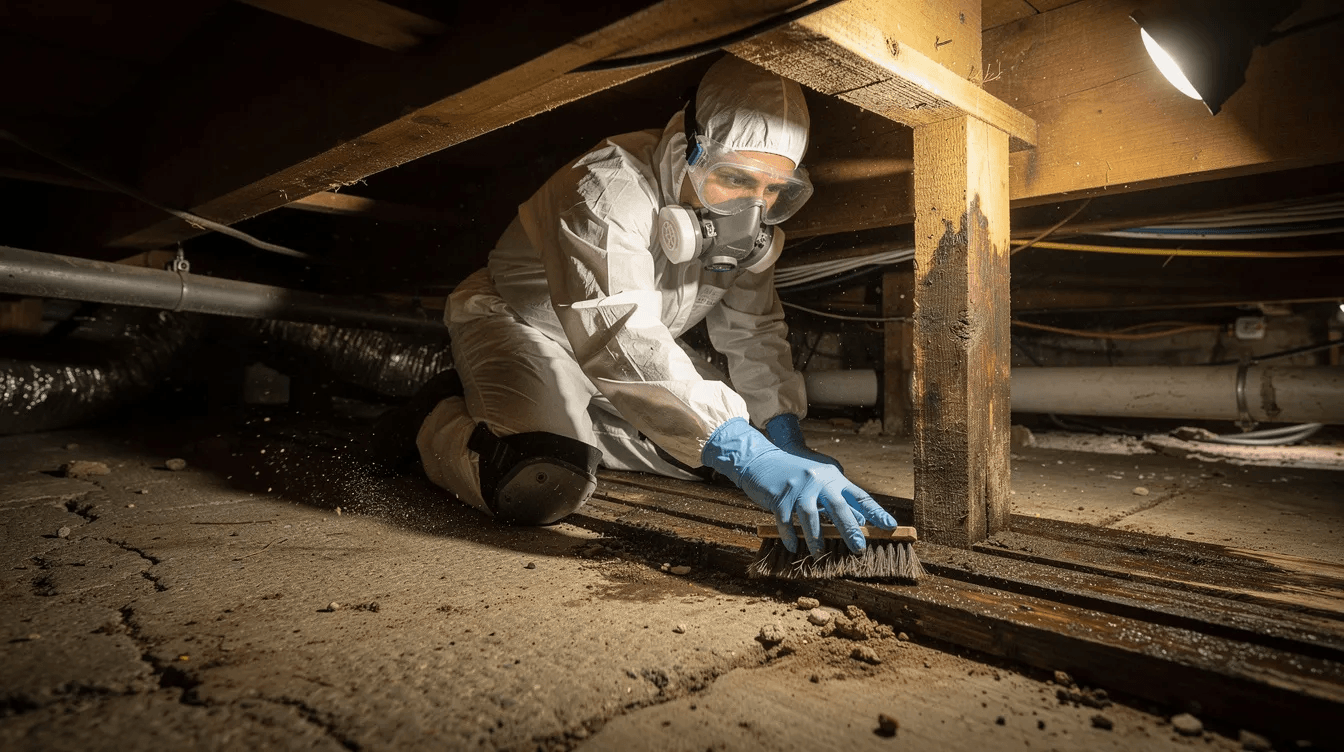 A person wearing personal protective equipment is scrubbing visible mold from wooden floor joists in a dimly lit crawl space, addressing crawl space mold issues that could affect indoor air quality. 