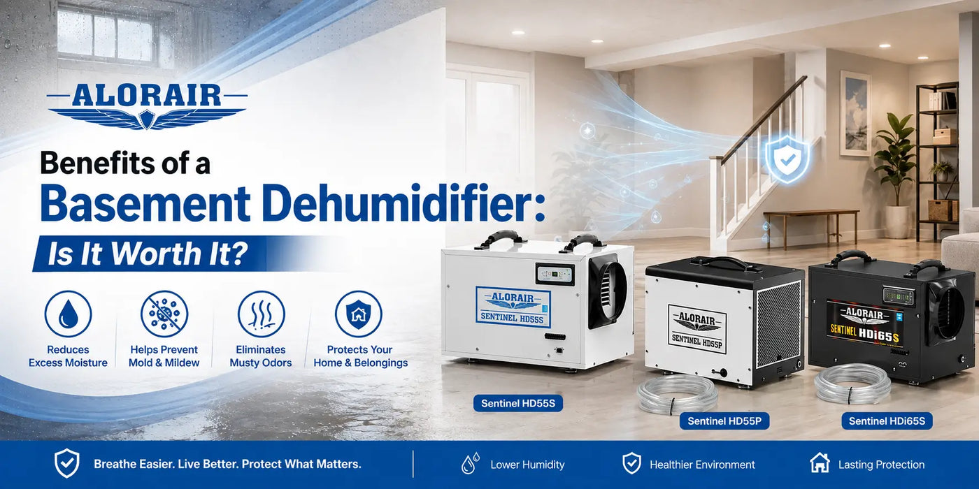 ALORAIR basement dehumidifier models Sentinel HD55S, HD55P, and HDi65S for moisture control and mold prevention