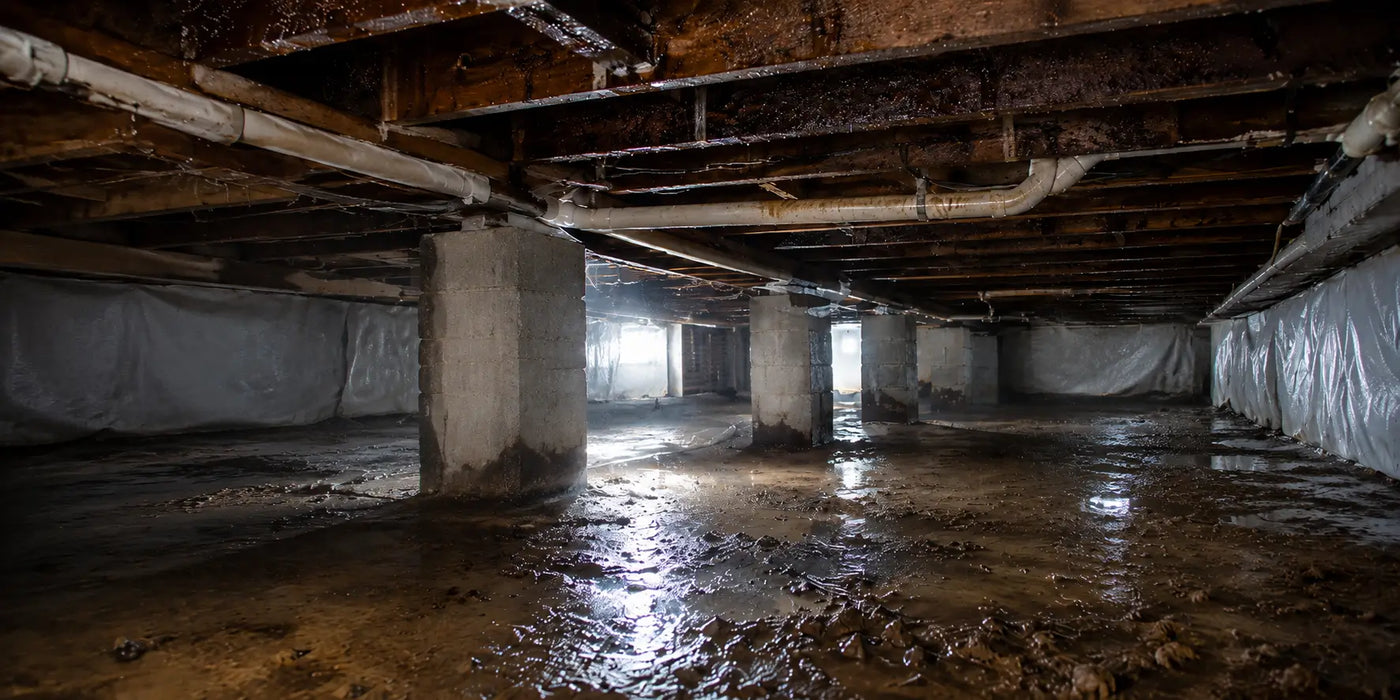 A damp crawl space with standing water, wet soil, moisture buildup, and condensation showing high humidity problems under a home