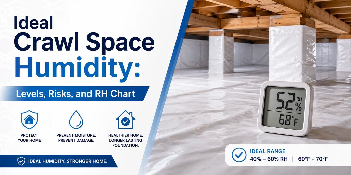 Ideal crawl space humidity shown at 52% RH with a digital hygrometer in a clean encapsulated crawl space