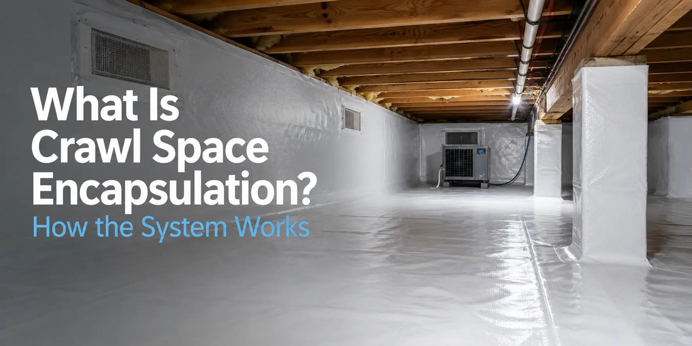 Clean encapsulated crawl space with a sealed white vapor barrier, wrapped piers, and a dehumidifier showing how crawl space encapsulation works