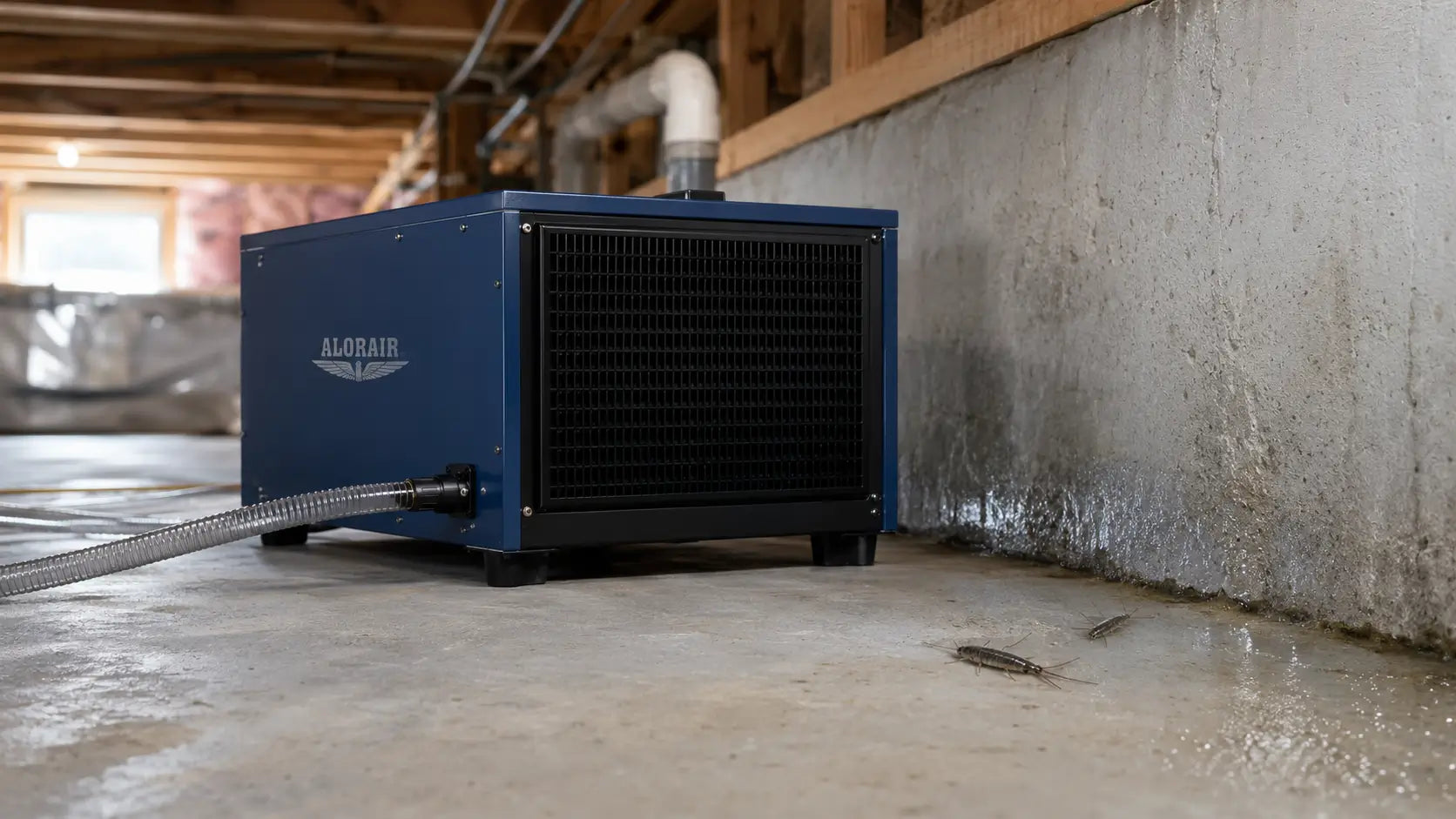 AlorAir crawl space dehumidifier controlling moisture near silverfish in a damp basement