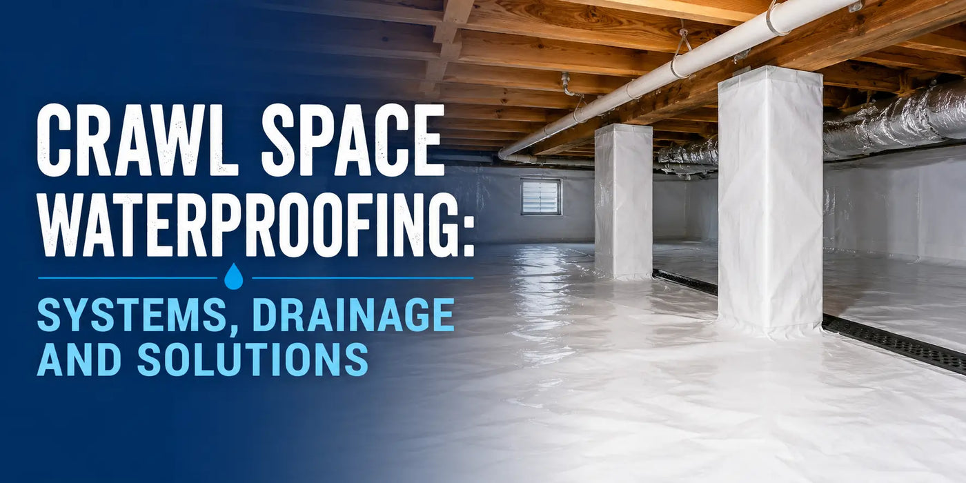 Crawl space waterproofing system with sealed vapor barrier, wrapped piers, and drainage channels beneath a home