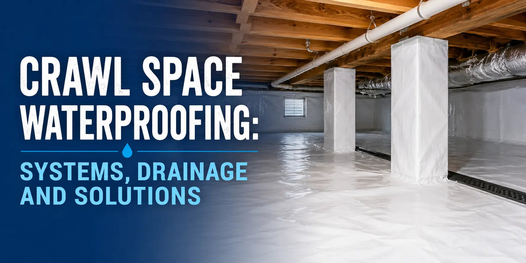 Crawl space waterproofing system with sealed vapor barrier, wrapped piers, and drainage channels beneath a home