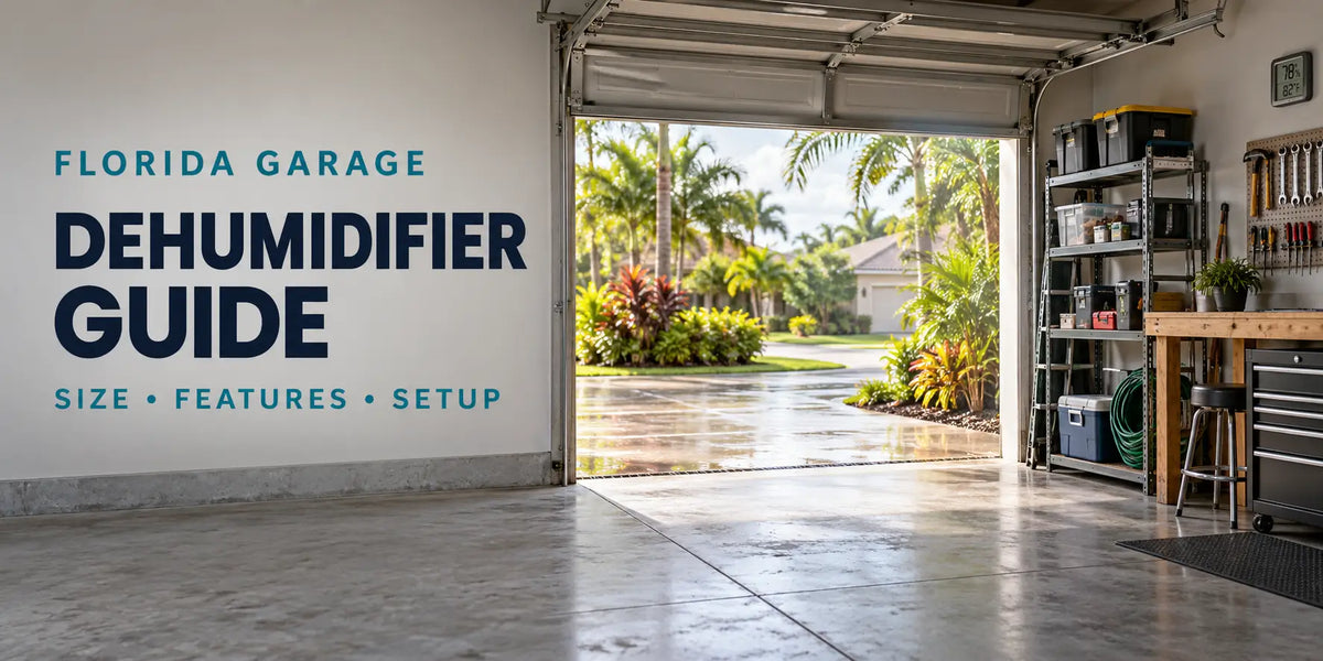 A humid Florida garage after rainfall with organized tools, storage shelves, and a wall-mounted hygrometer.