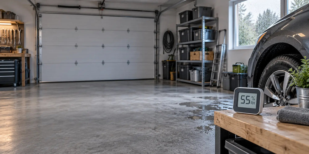 A clean residential garage with a wet vehicle, floor moisture, and a digital hygrometer reading 55% RH.
