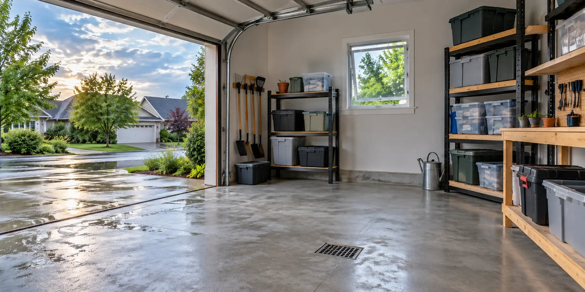 Clean residential garage with ventilation, floor drainage, and sealed storage to reduce humidity without a dehumidifier.