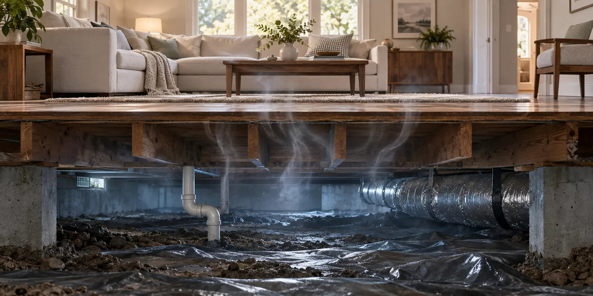 Cutaway view of a home showing damp crawl space air rising through subfloor gaps into the living area above.