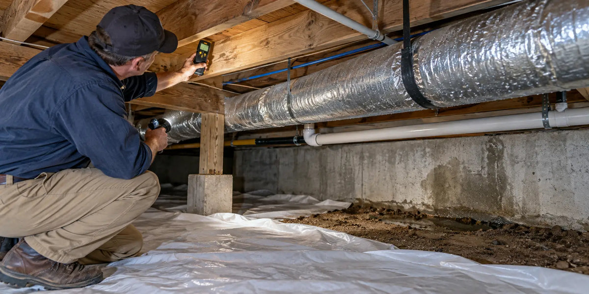 Home inspector checking wooden joists for moisture in a damp crawl space with exposed soil and HVAC ductwork.
