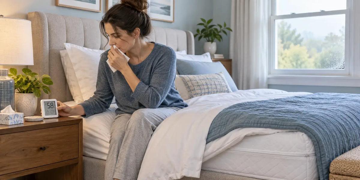 Woman checking a bedroom hygrometer while experiencing humidity-related allergy symptoms.