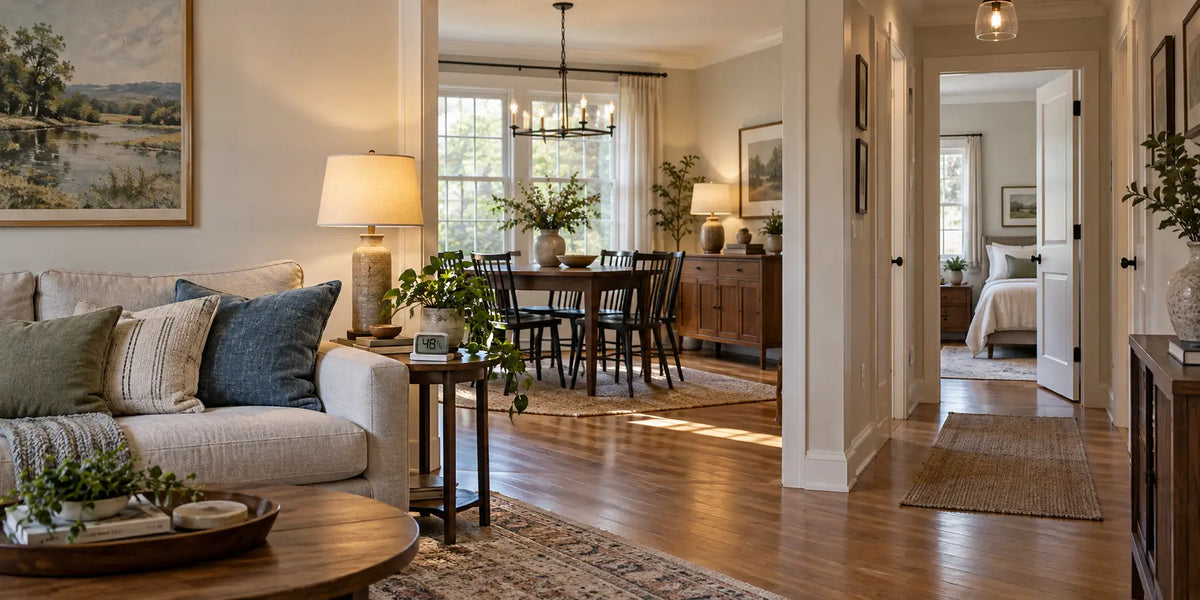 Connected living room, dining area, and bedroom with open doorways and a digital hygrometer.