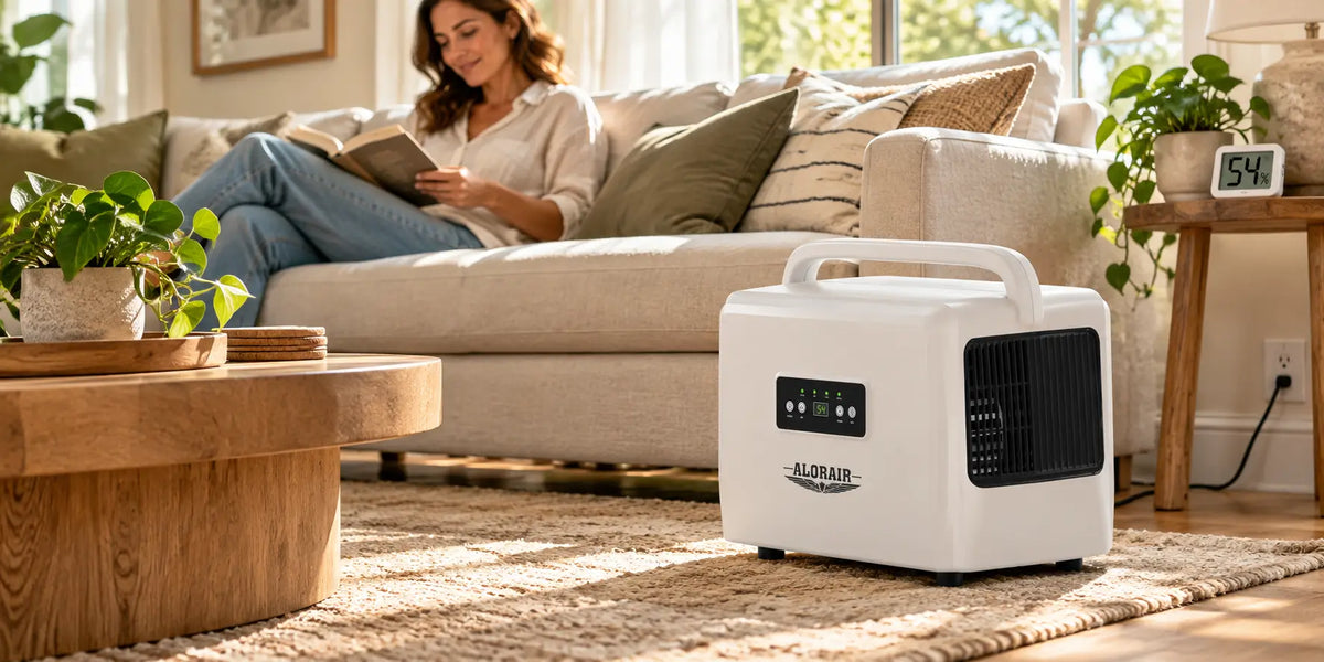 AlorAir Helios D35 dehumidifier beside a sofa in a sunlit living room.
