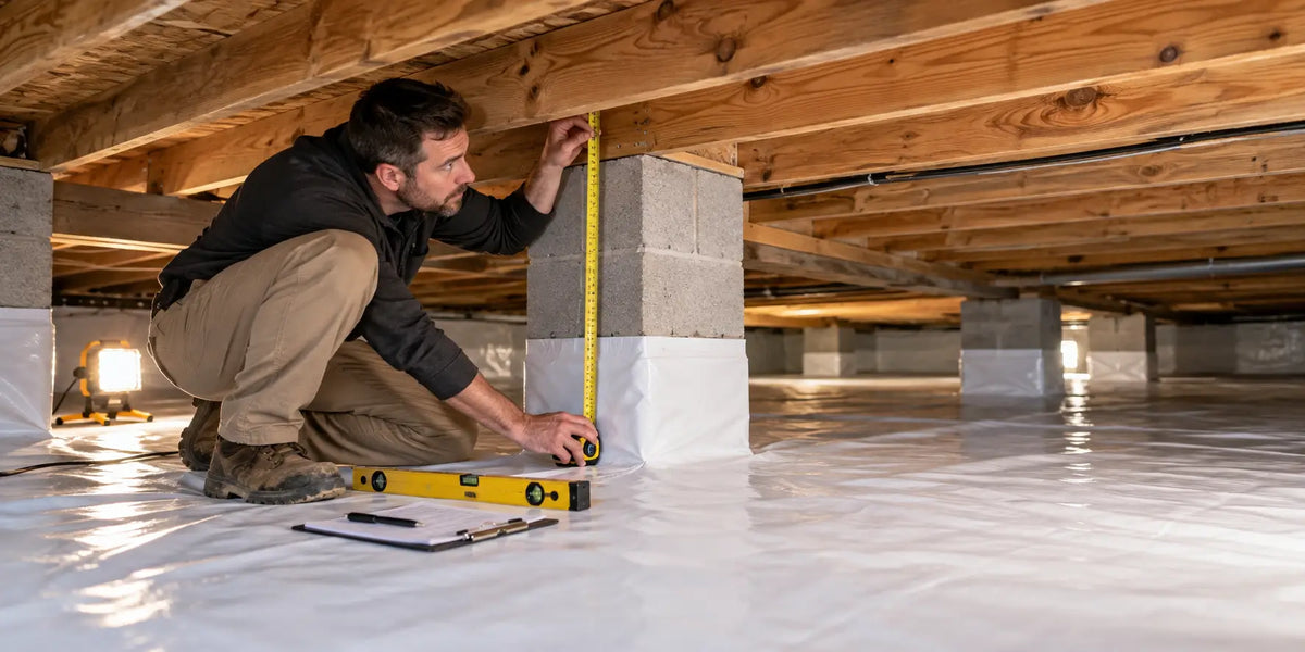 Technician measuring clearance in an encapsulated crawl space before planning dehumidifier drainage.