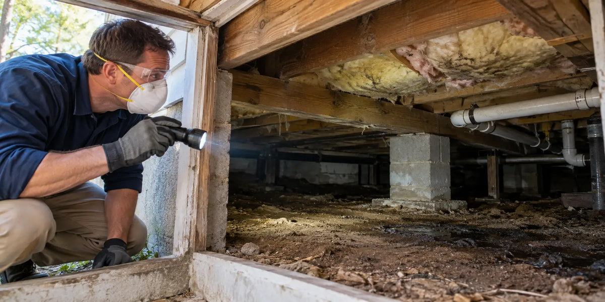Technician inspecting a damp crawl space with a flashlight for sources of musty odor.
