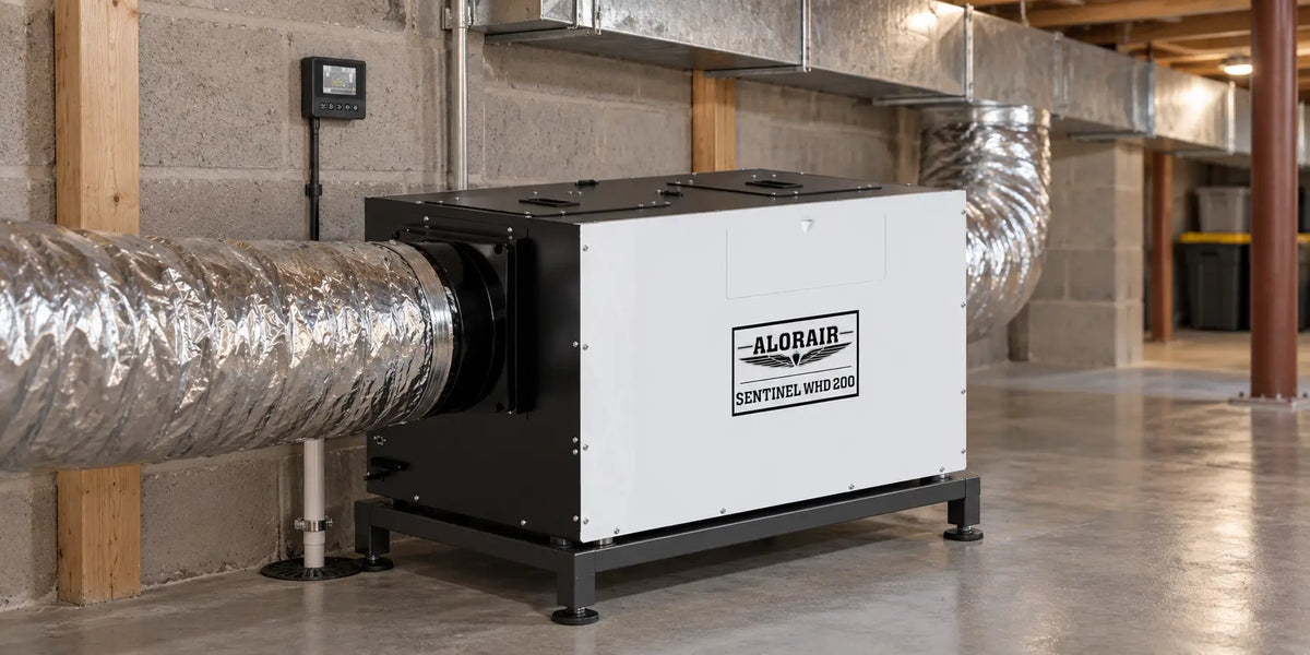 AlorAir Sentinel WHD 200 whole-house dehumidifier connected to ductwork in a basement mechanical room.