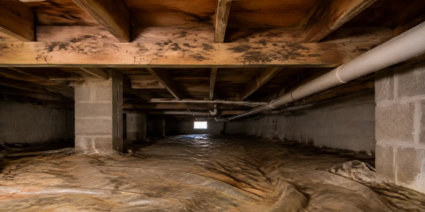 Damp residential crawl space with mold-stained wooden floor joists, concrete foundation walls, and an aging vapor barrier.