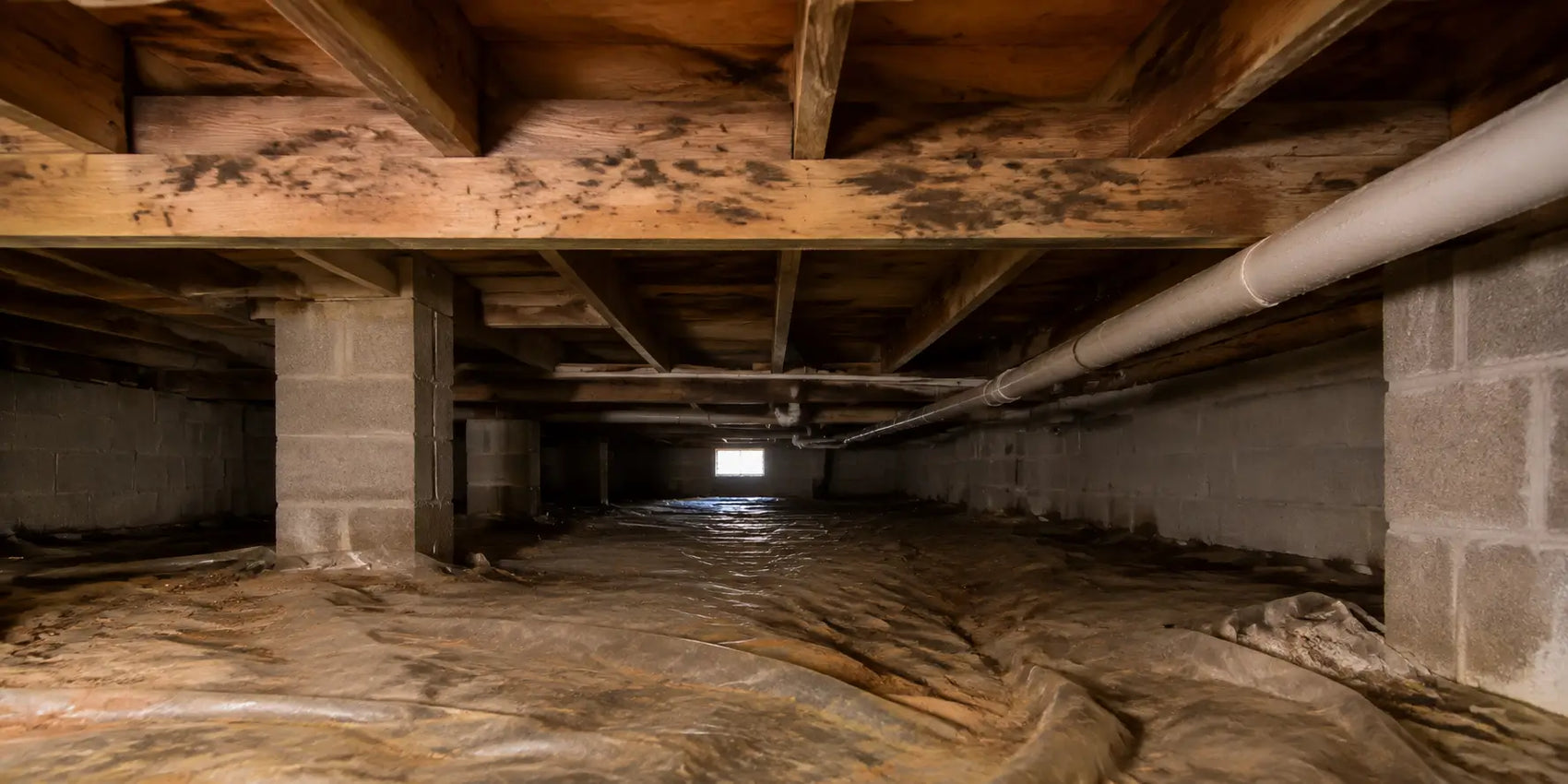 Damp residential crawl space with mold-stained wooden floor joists, concrete foundation walls, and an aging vapor barrier.