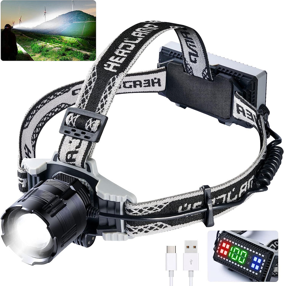 LED Rechargeable Headlamp,1200 Lumens Super Bright with XHP160,4 Modes USB Zoomable Head Lamp,Digital Power Display,IPX6 Waterproof Headlight with Warning Light for Dark Space,Camping,Running,