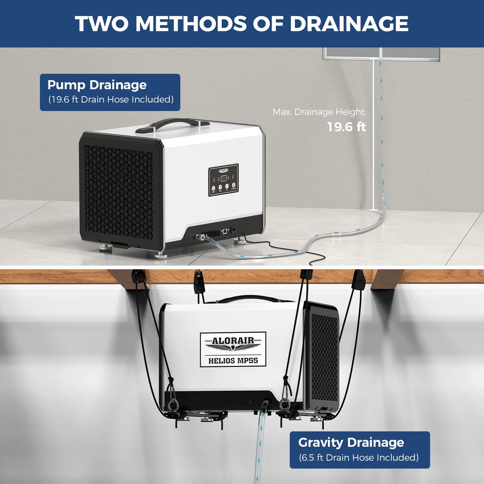 AlorAir 120 PPD Crawl Space Dehumidifier with Pump and Drain Hose | Helios MP55 | Size for 1500 sq.ft