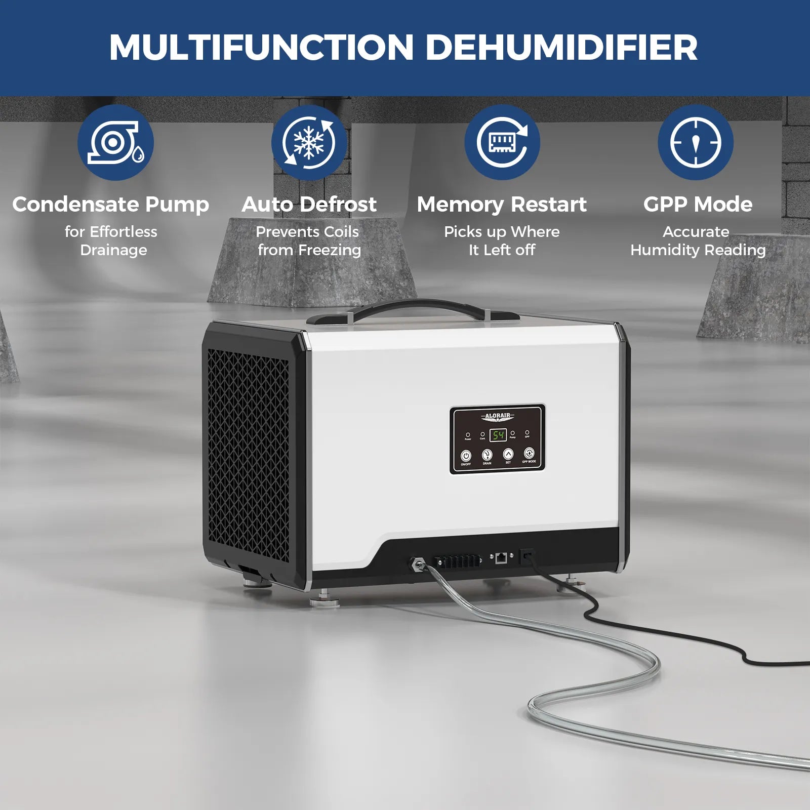 AlorAir 120 PPD Crawl Space Dehumidifier with Pump and Drain Hose | Helios MP55 | Size for 1500 sq.ft