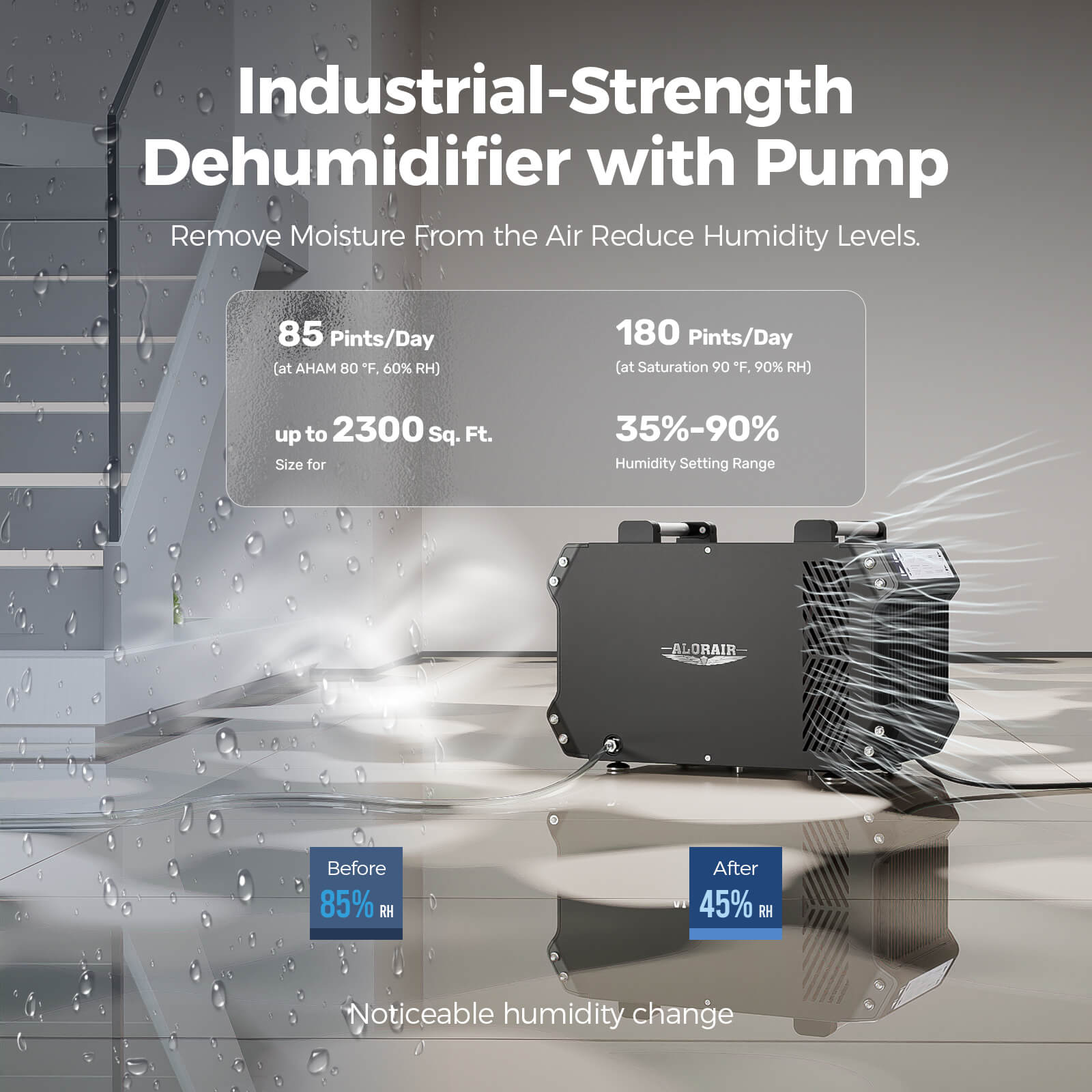 AlorAir 180 Pint Crawlspace Dehumidifiers with Pump and Drain Hose | Galaxy 85P | Size for 2,300 Sq.Ft