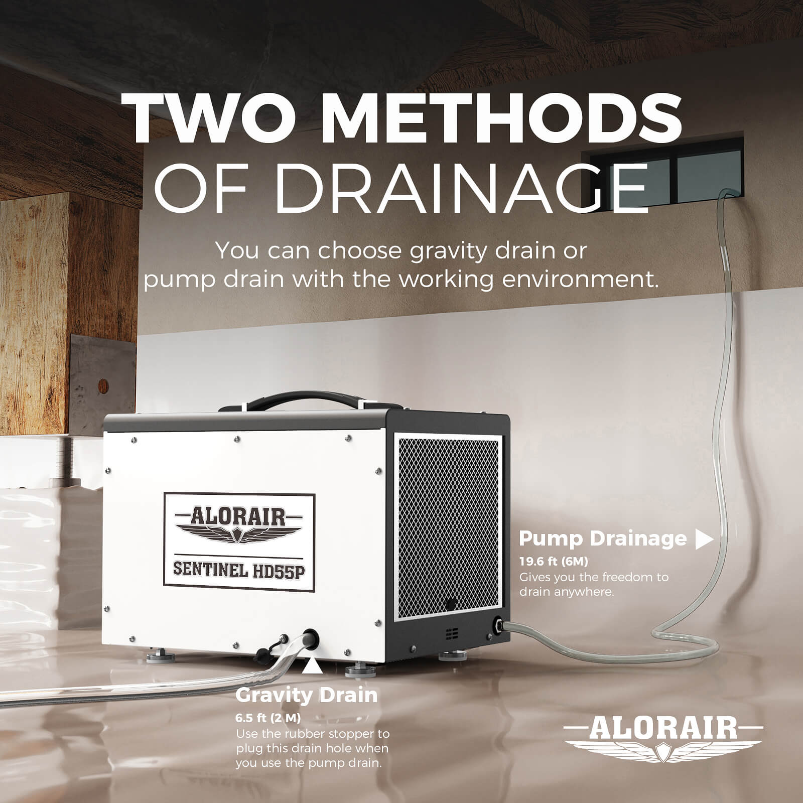 AlorAir 120 PPD Crawl Space Dehumidifier with Pump and Drain Hose | Sentinel HD55P | Size for 1500 sq.ft