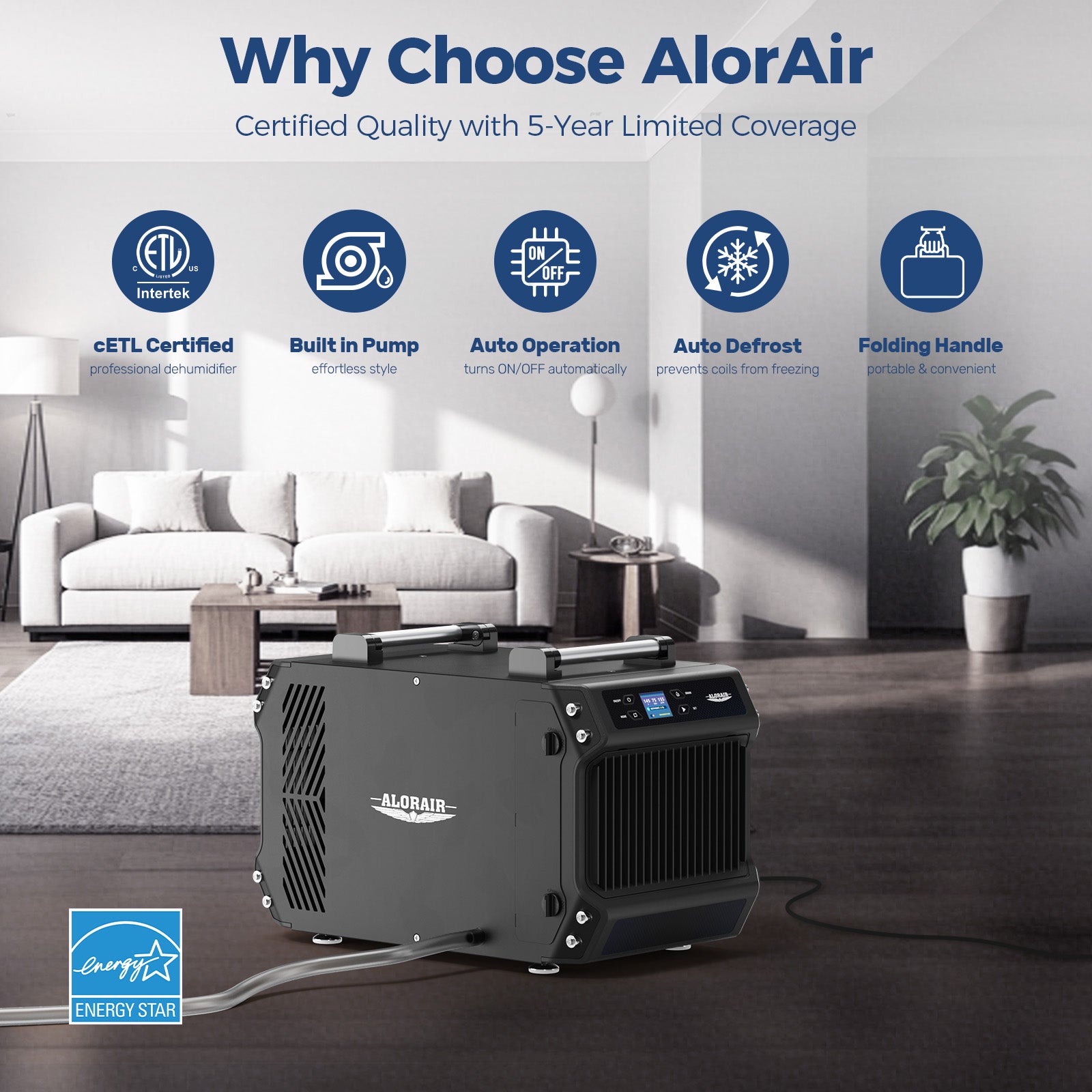 Alorair 145 PPD Crawl Spaces Dehumidifier with Pump and Drain Hose | Galaxy 60P | Size for 1800 sq.ft
